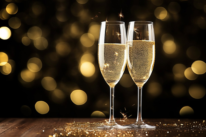 Champagne glasses toasting against a twinkling background