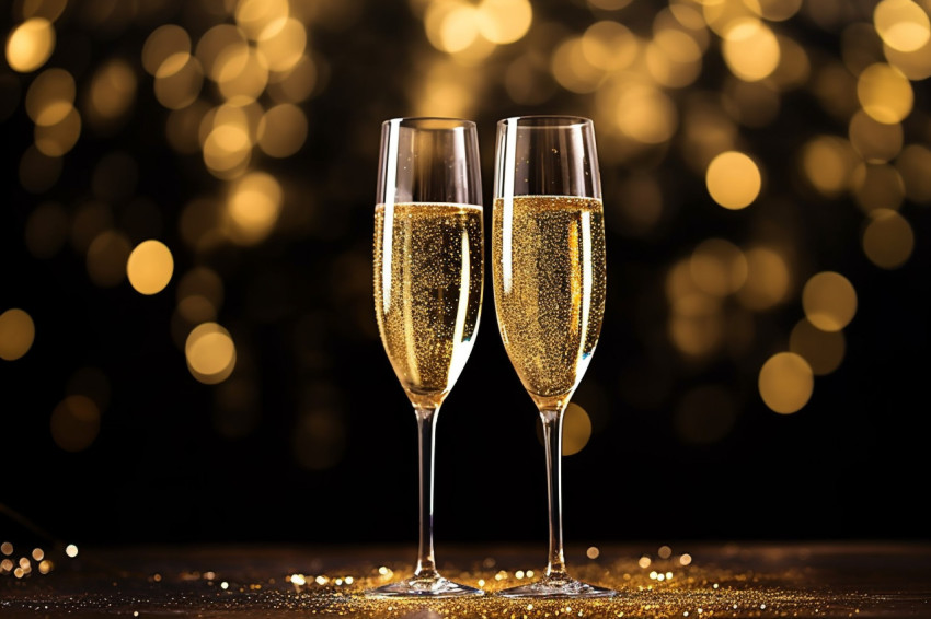 Champagne glasses toasting against a twinkling background