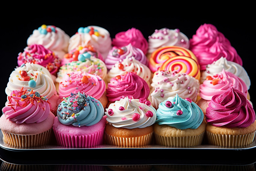 Delicious iced cupcakes on a tray