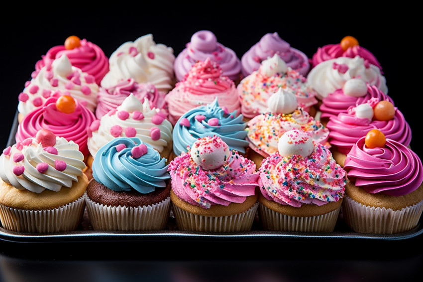 Delicious iced cupcakes on a tray