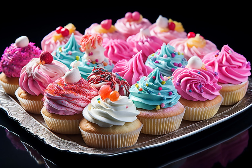 Delicious iced cupcakes on a tray