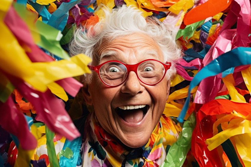 Happy woman celebrating with streamers and confetti