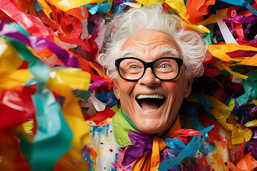 Happy woman celebrating with streamers and confetti