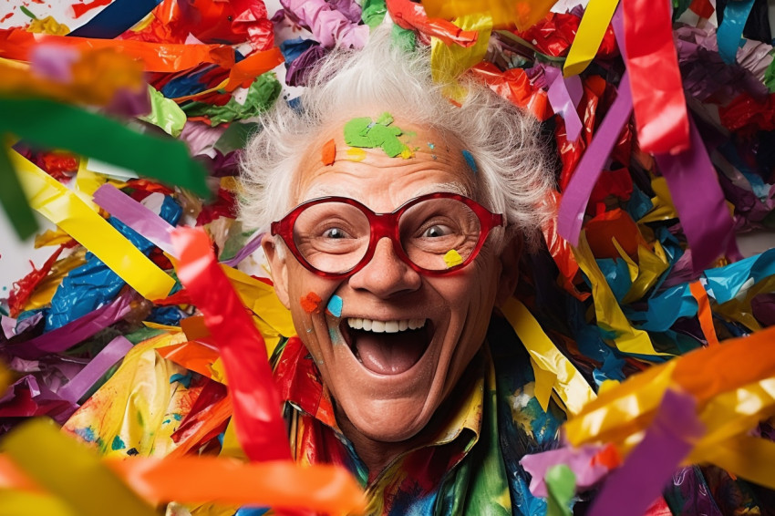 Happy woman celebrating with streamers and confetti