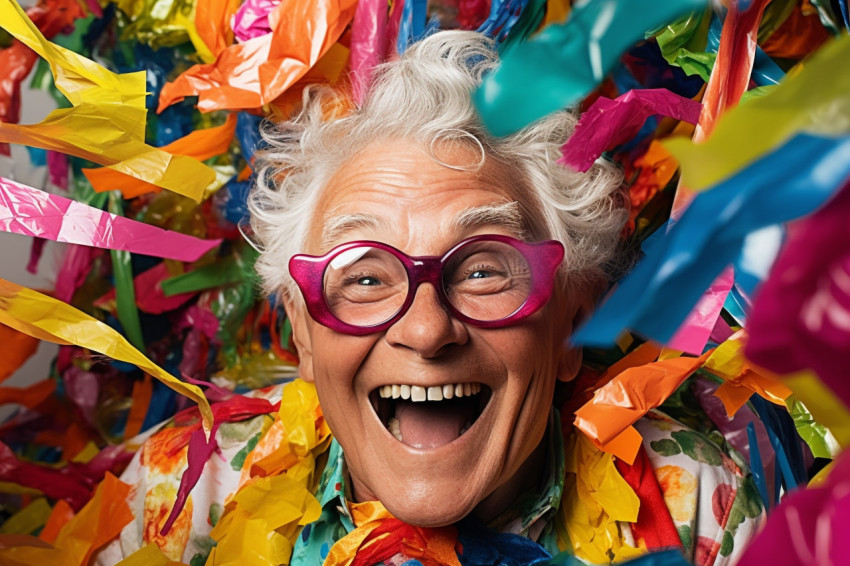 Happy woman celebrating with streamers and confetti