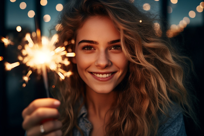 Joyful woman holds sparkler