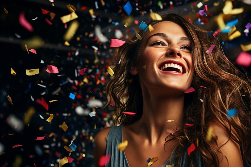 Woman in confetti shower expresses joy