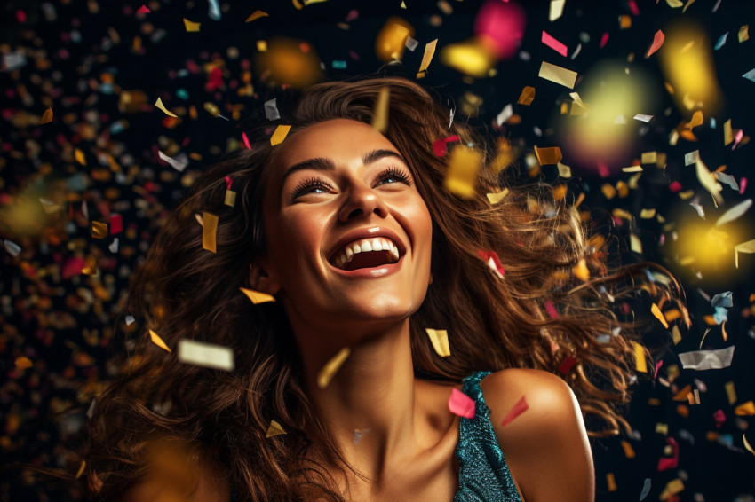 Woman in confetti shower expresses joy