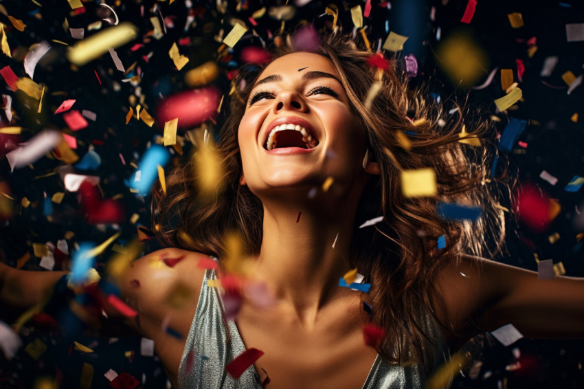 Woman in confetti shower expresses joy