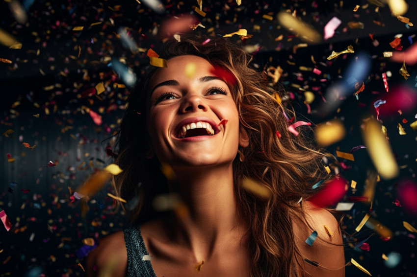 Woman in confetti shower expresses joy