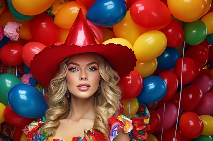 Joyful woman in party dress with bright balloons