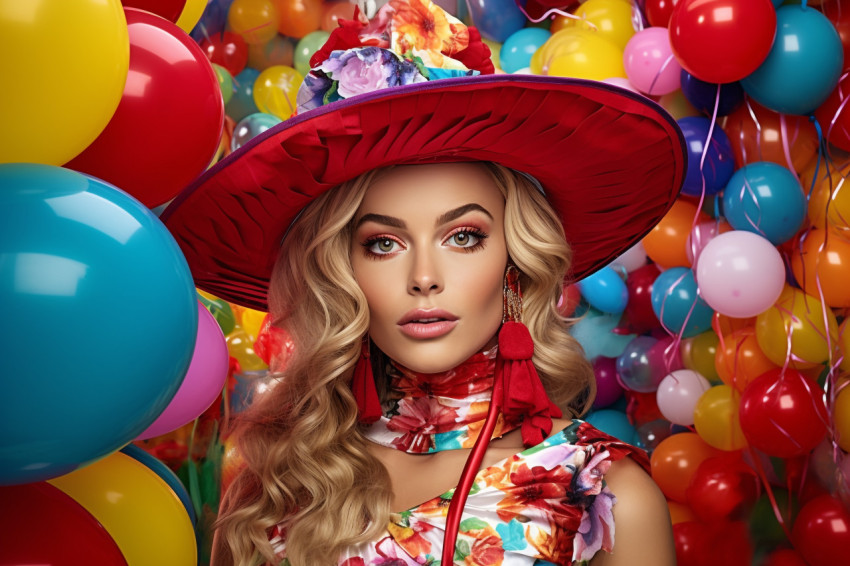 Joyful woman in party dress with bright balloons