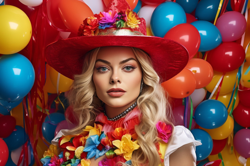 Joyful woman in party dress with bright balloons