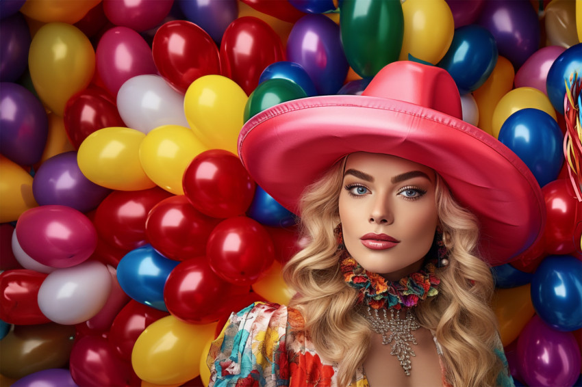 Joyful woman in party dress with bright balloons