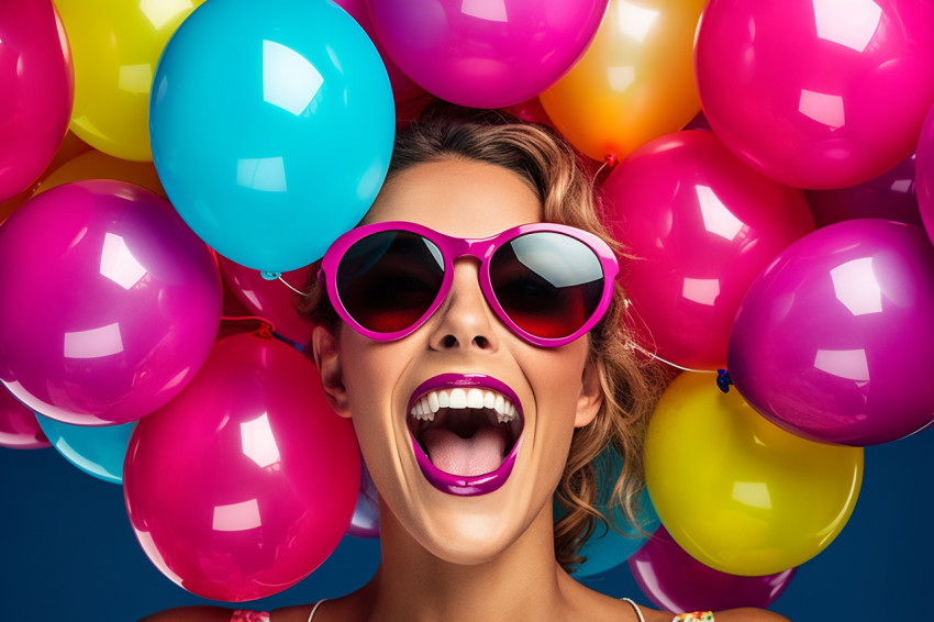 Lady with colorful balloons celebrates