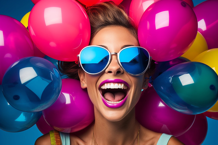 Lady with colorful balloons celebrates