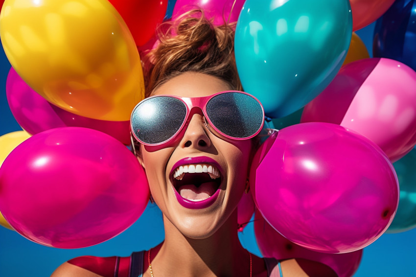 Lady with colorful balloons celebrates