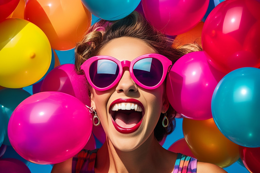 Lady with colorful balloons celebrates