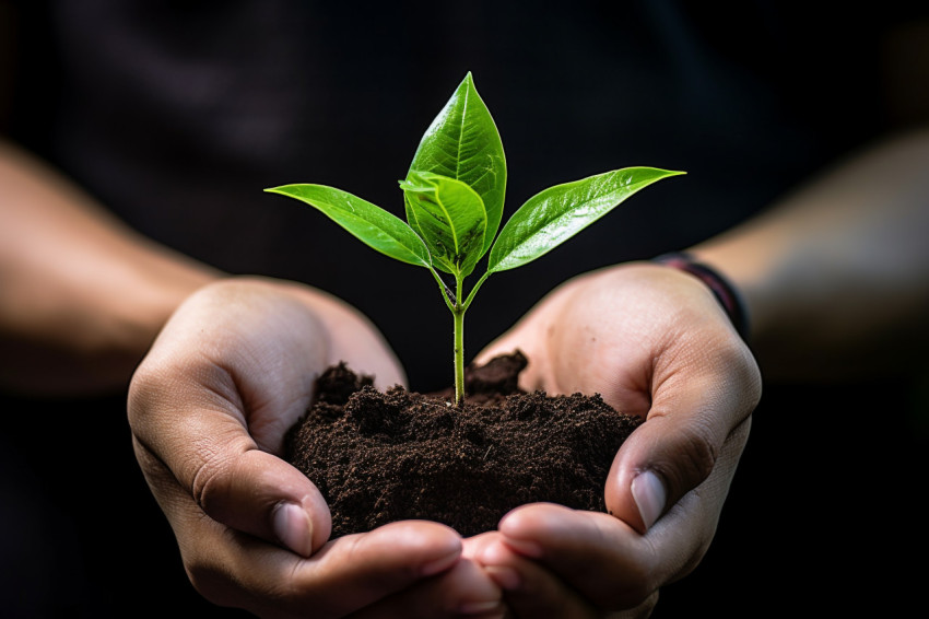 Two hands holding a growing plant