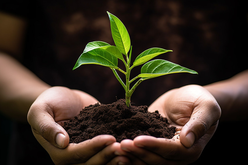 Two hands holding a growing plant