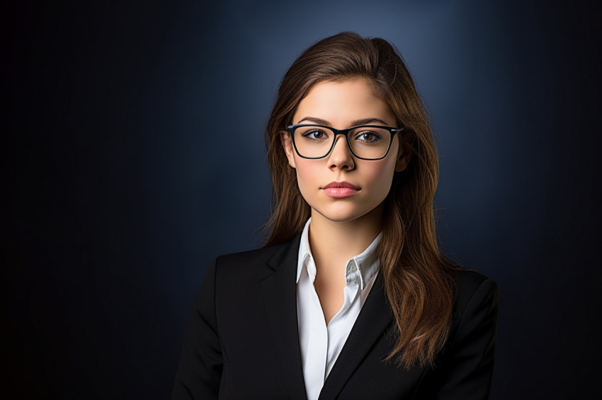 Confident female attorney in spectacles