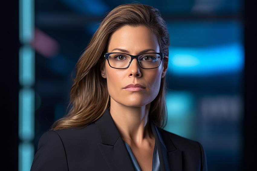 Confident female attorney in spectacles