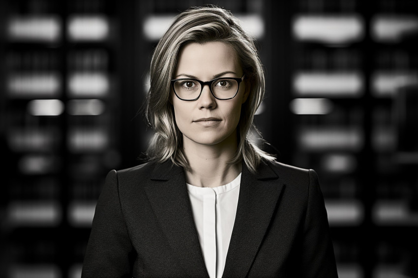 Confident female attorney in spectacles