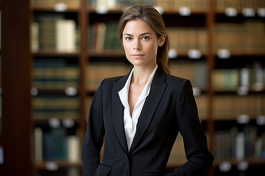 Sophisticated female attorney researching in a legal library