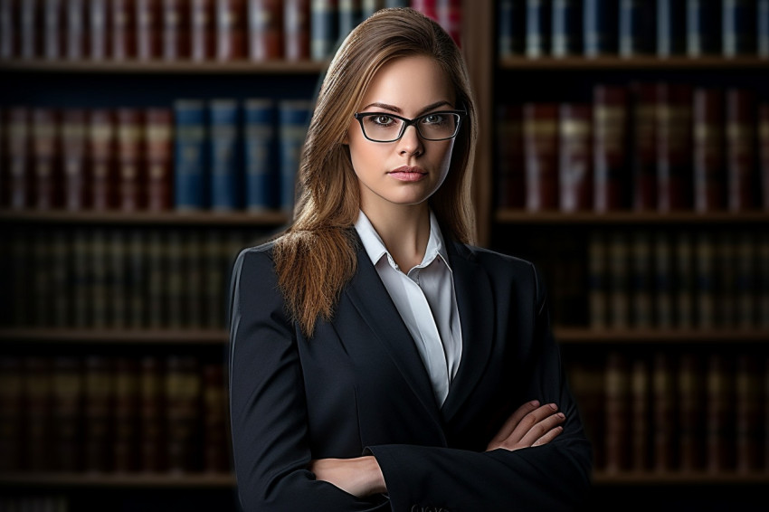 Female lawyer stands tall before law books and symbols of justice