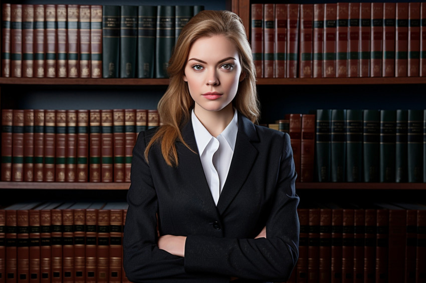 Female lawyer stands tall before law books and symbols of justice