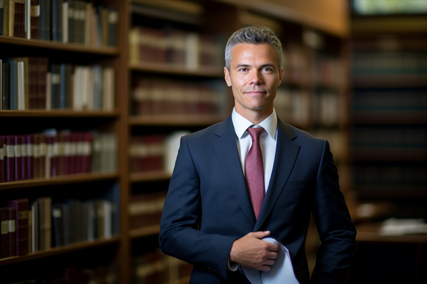 Experienced lawyer at law library researching with books