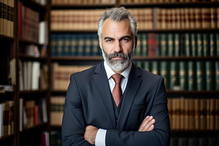 Experienced lawyer at law library researching with books