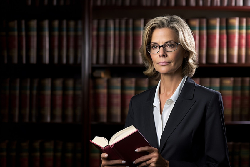 Dynamic female lawyer with a law book