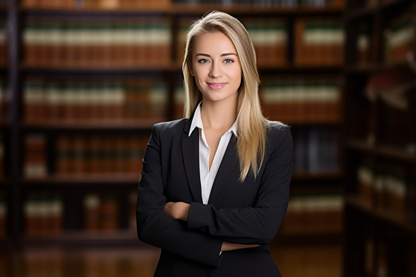 Skilled female legal assistant efficiently tackles tasks on blurred background