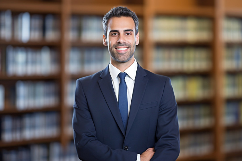 Skilled male paralegal excels in legal support role on blurred background