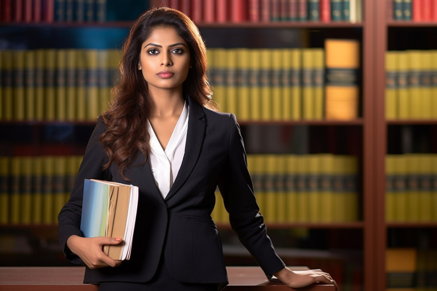 Skilled Indian paralegal woman working with dedication on blurred background