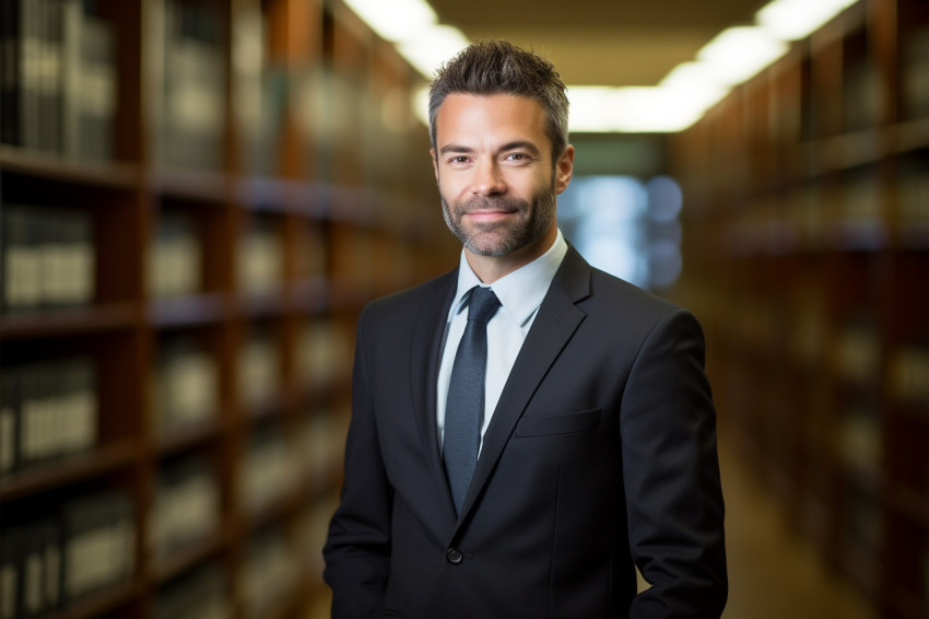 Skilled male paralegal excels in legal support role on blurred background