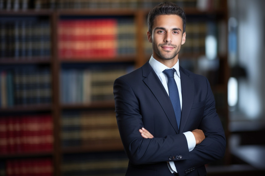 Skilled male paralegal excels in legal support role on blurred background