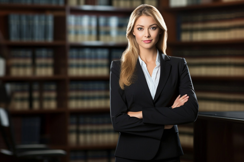 Skilled female legal assistant efficiently tackles tasks on blurred background