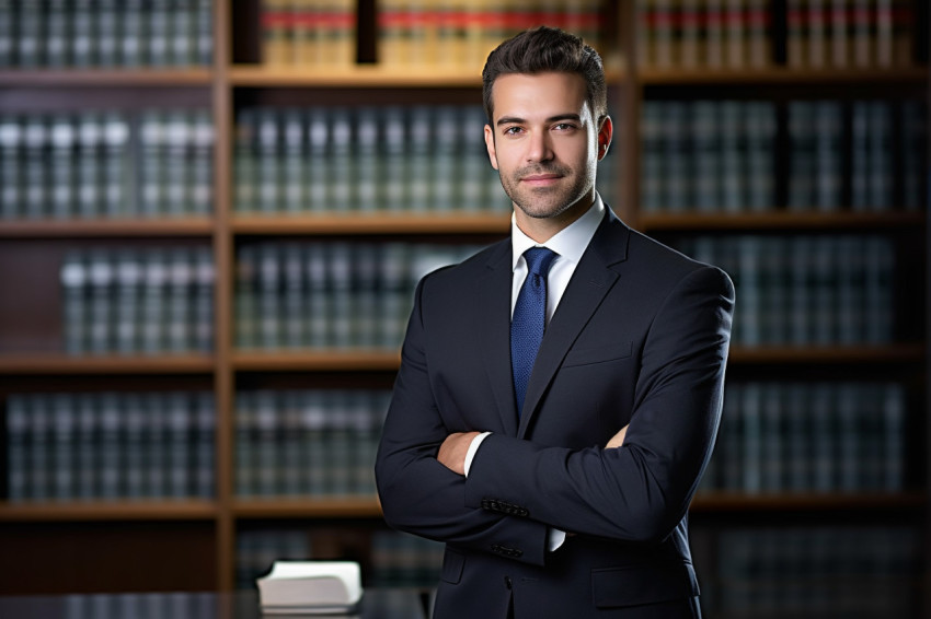 Skilled male paralegal excels in legal support role on blurred background