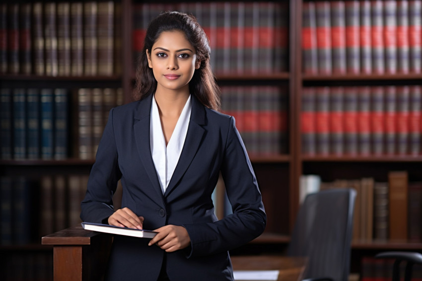 Skilled Indian paralegal woman working with dedication on blurred background