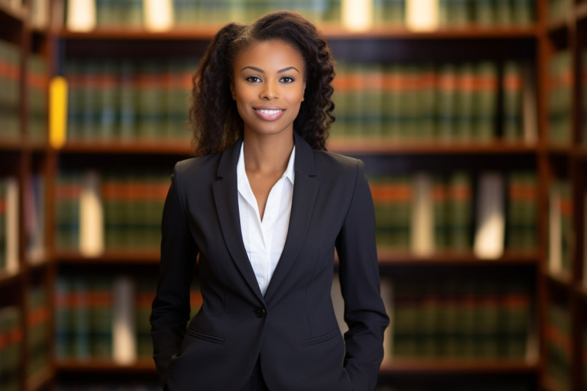 Skilled female legal assistant efficiently tackles tasks on blurred background