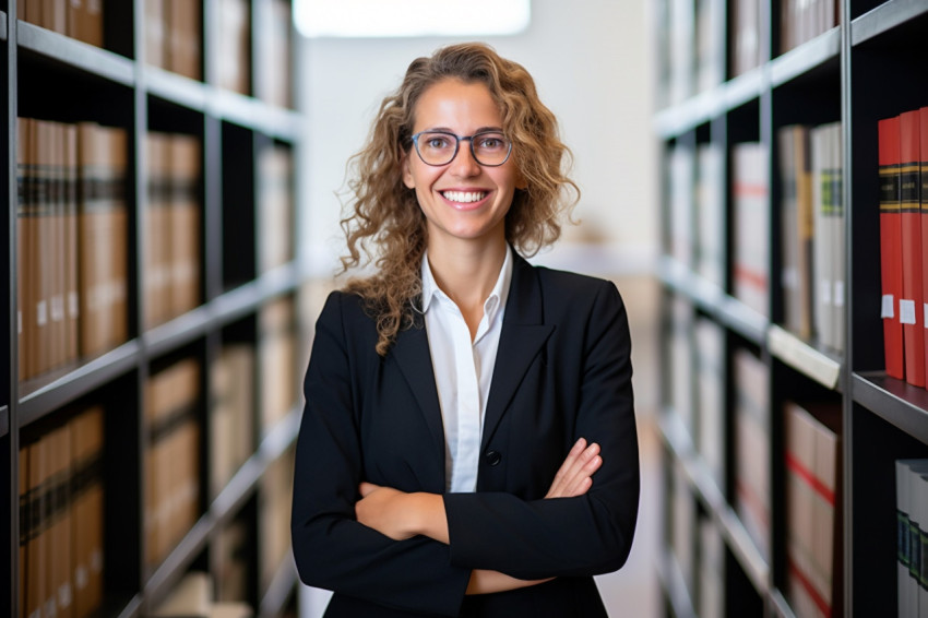 Warm and welcoming legal secretary cheerfully assists clients on blurred background