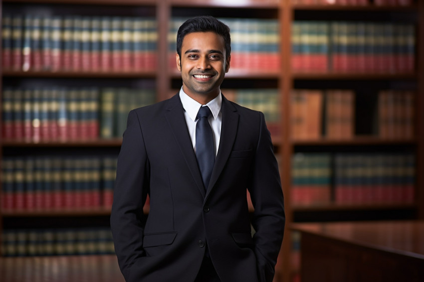 Helpful Indian paralegal assists clients with a smile on blurred background