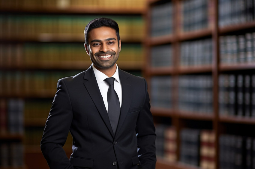 Helpful Indian paralegal assists clients with a smile on blurred background