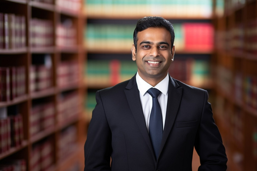 Approachable Indian lawyer working with a smile on blurred background