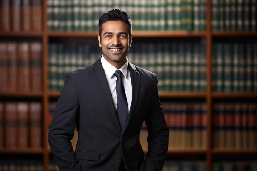 Helpful Indian paralegal assists clients with a smile on blurred background