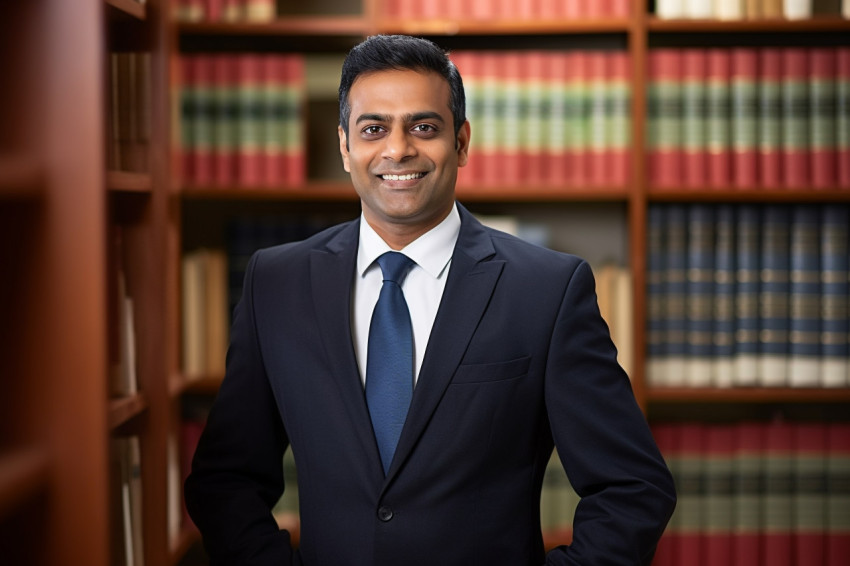 Approachable Indian lawyer working with a smile on blurred background