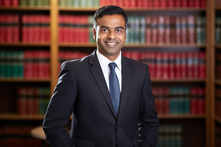 Approachable Indian lawyer working with a smile on blurred background