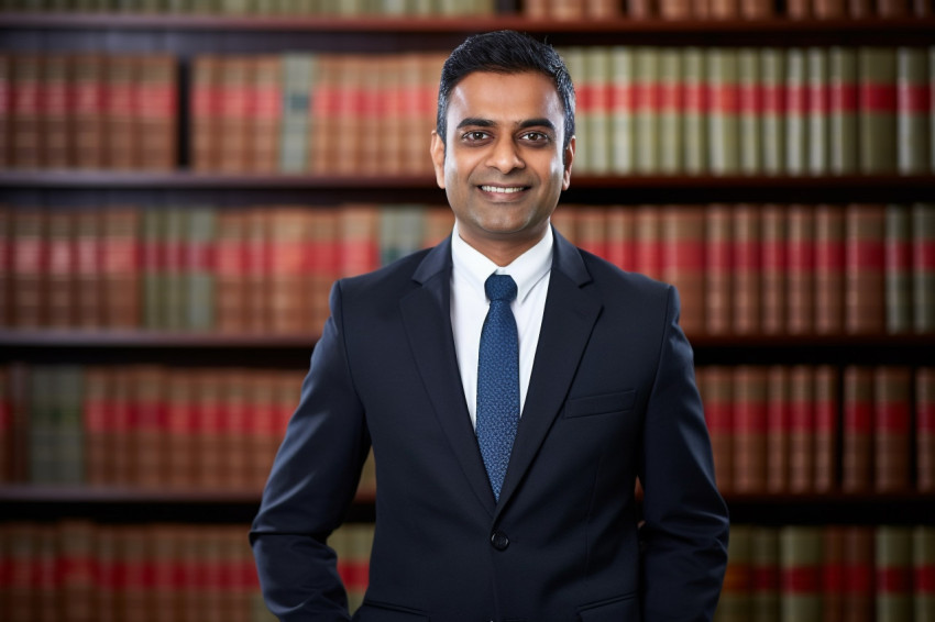 Approachable Indian lawyer working with a smile on blurred background